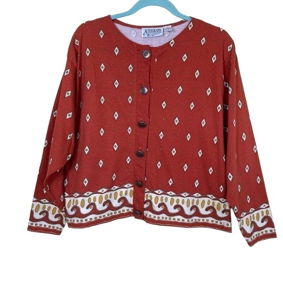 Autograph Sweaters - Vintage 90s Button Down Shirt Rust Color Southwest Print Shacket Metal Buttons M